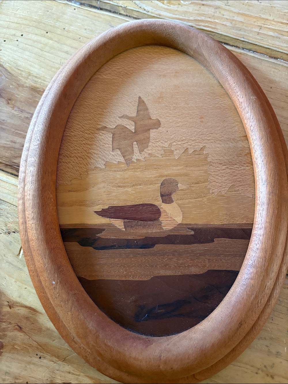 Wood Inlay Duck Plaque Wall Art - Brown & Tan Oval